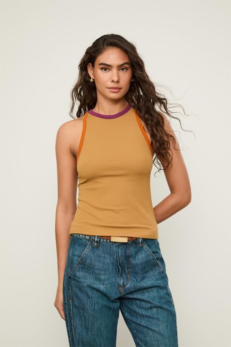 Regata Malha Bicolor Marrom Sepia C/ Roxo e Laranja - GG