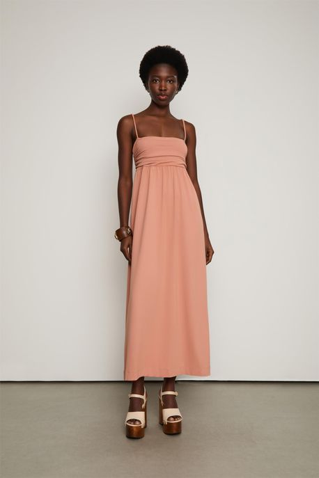 Vestido Midi Busto Franzido Color Bronze Light - PP