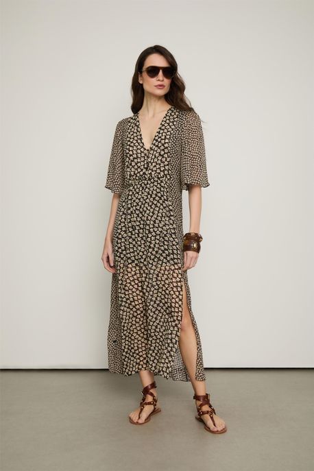 Vestido De Georgette Com Fendas Estampado Est Liberty Selvatico Plum - 38