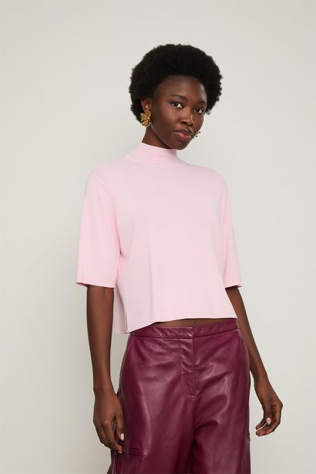 T-Shirt Básica De Tricot Gola Alta Rosa Cameo - G