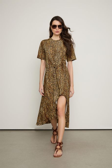 Vestido T-Shirt Midi Detalhe Colisse Estampa Onça Est Onca Manchas p - M