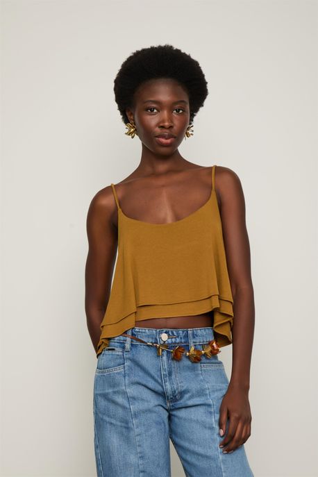 Blusa Regata Babado Duplo Marrom Marrom Azeitona - M