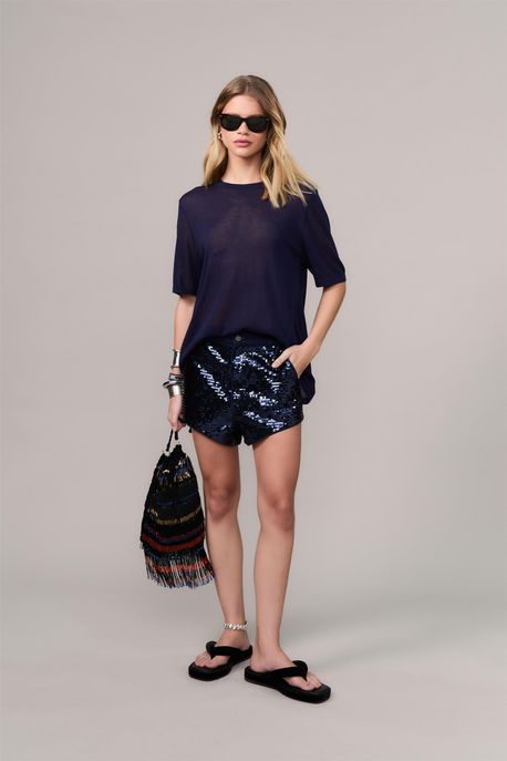 Short Jeans Paetês Jeans Escuro - 38