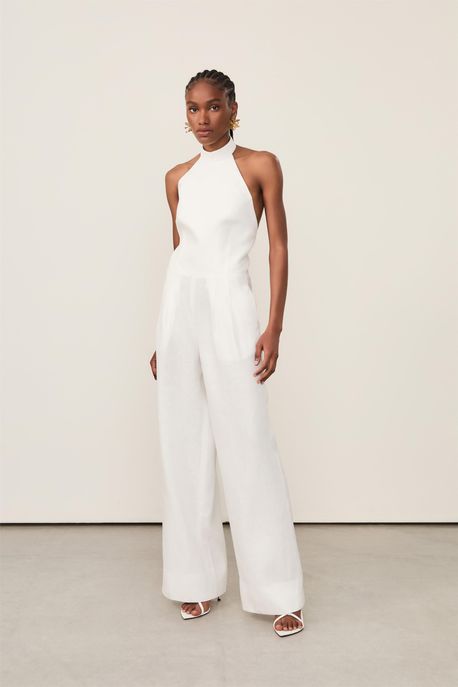 Macacão De Linho Decote Halter Branco Branco - 38