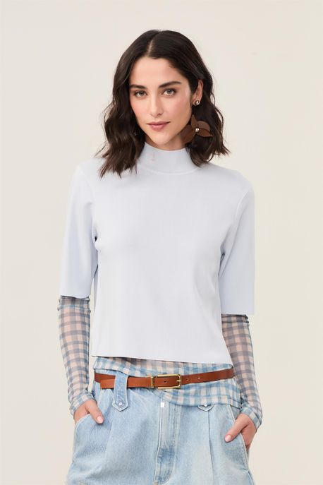 T-Shirt Básica De Tricot Gola Alta Azul Gelo - M
