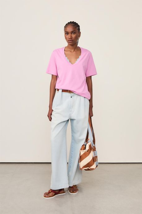 T-Shirt Decote v Pima Rosa Ciclamen - M