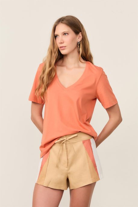 T-Shirt Decote v Pima Laranja Clay - PP
