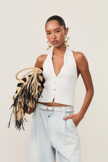 Blusa De Tricot Frente Única Com Botões Branco - G
