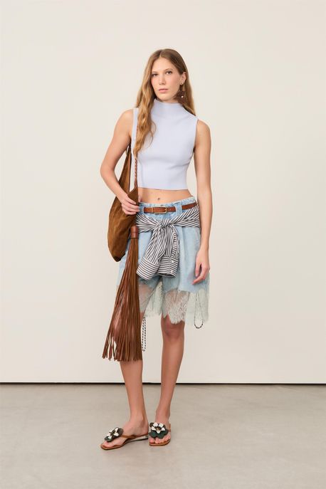 Blusa De Tricot Cropped Básica Com Gola Alta Azul Gelo - M