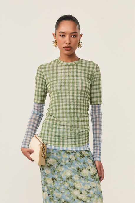 Blusa Tule Manga Curta Vichy Vichy Burle Mee Clean e Bamboo p - P