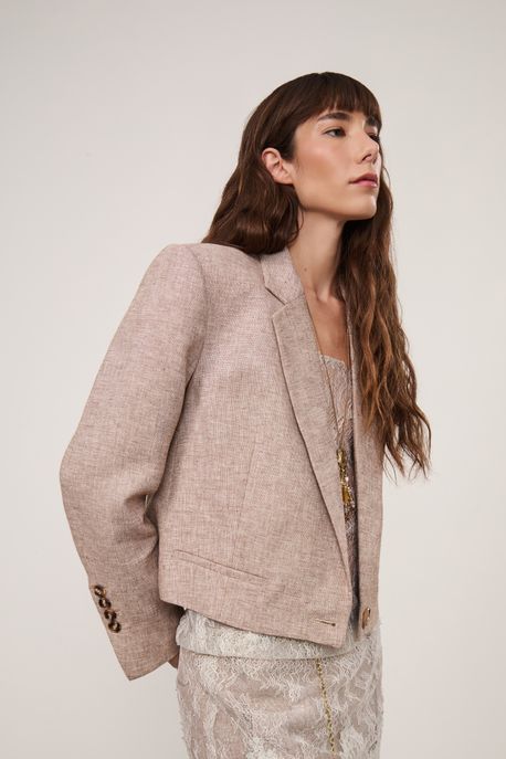 Blazer Curto Pied De Poule Bege Bege - 40
