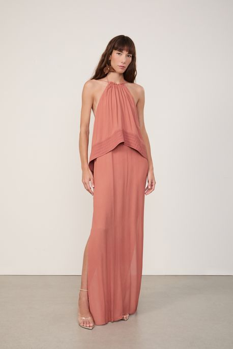 Vestido De Crepe Longo Marrom Frente Única Com Barra Estruturada Marrom Russet - 36