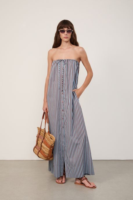 Vestido De Algodao Sem Alça Listrado Est Listra Marrom / Azul Tourmalina (Des - 38