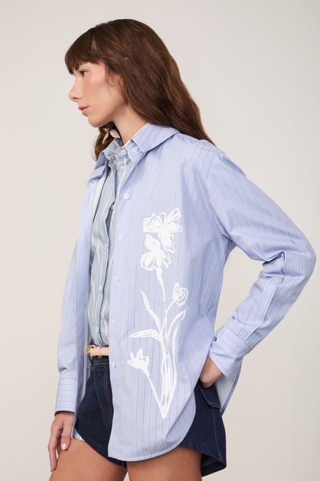 Camisa De Tricoline Com Silk Flor Azul - G