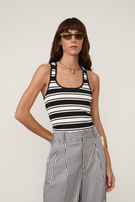 Regata De Tricot Listra Pb Decote Nadador Preto / Branco - M