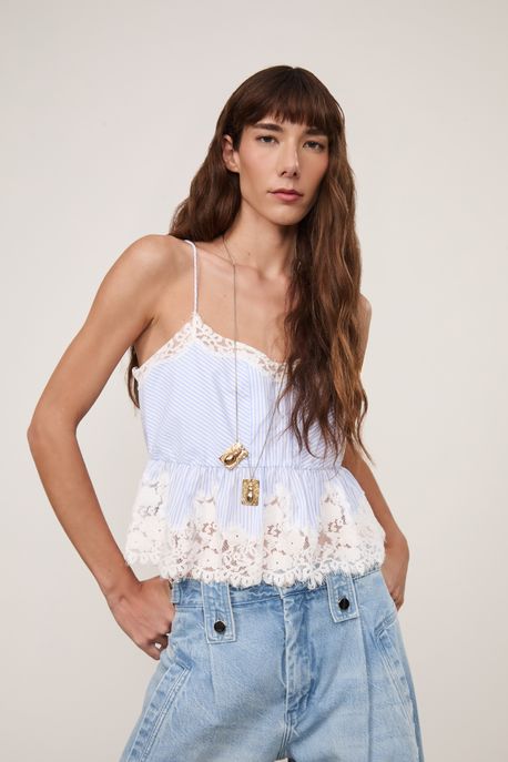 Regata De Algodão Listrada Com a Barra De Renda Off White / Azul - M