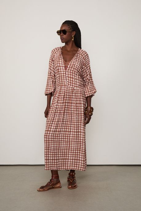 Vestido De Viscose Midi Vichy Burle Mee Est Vichy Burle Mee Rosa e Russet p - 36