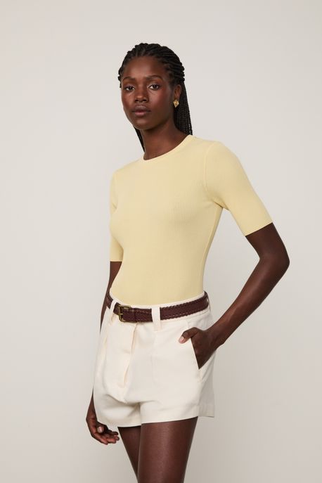 T-Shirt Básica De Tricot Canelado Amarelo Straw - GG