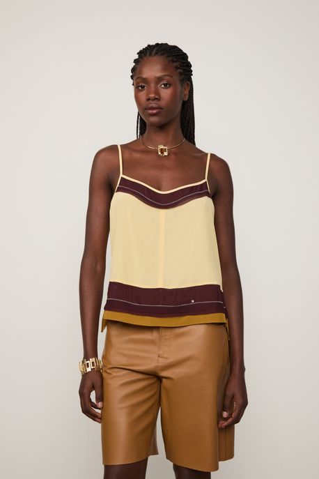 Regata De Georgette Amarelo Com Pala Colorida Amarelo Straw - 40
