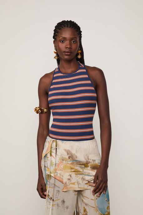 Body Rib Listras Nadador Laranja C/ Azul e Off - M