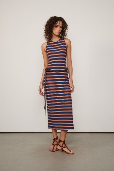 Vestido Rib Listras Nadador Laranja C/ Azul e Off - PP