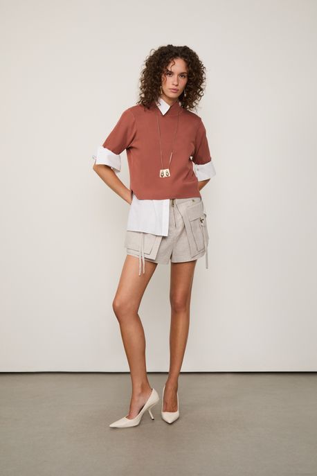 T-Shirt Básica De Tricot Gola Alta Marrom Russet - P