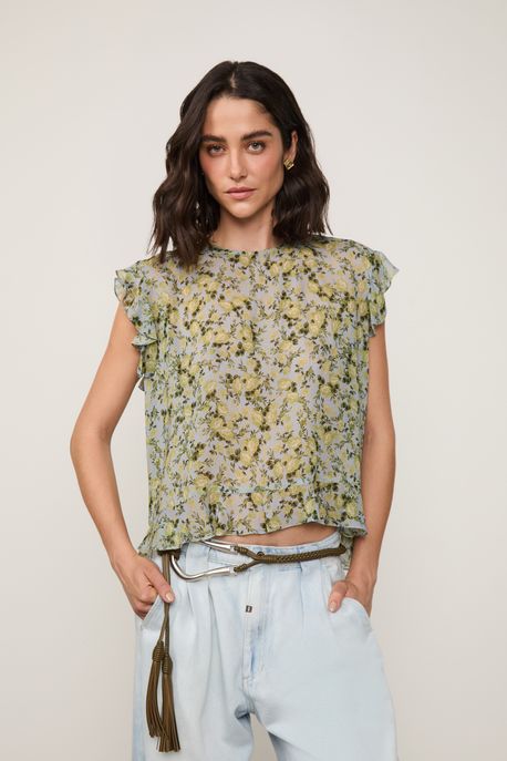 Top De Georgette Leve Estampado Com Babados Est Liberty Burle Gelo e Bamboo p - 40