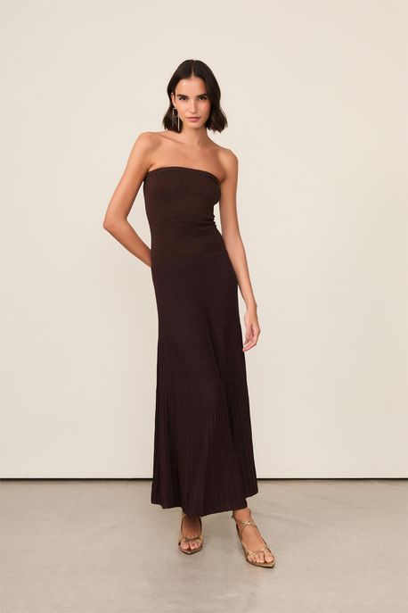 Vestido De Tricot Longo Marrom Com Lurex Nervuras Marrom Dries - P