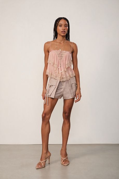 Short Saia Com Bolsos Pied De Poule Bege Bege - 40