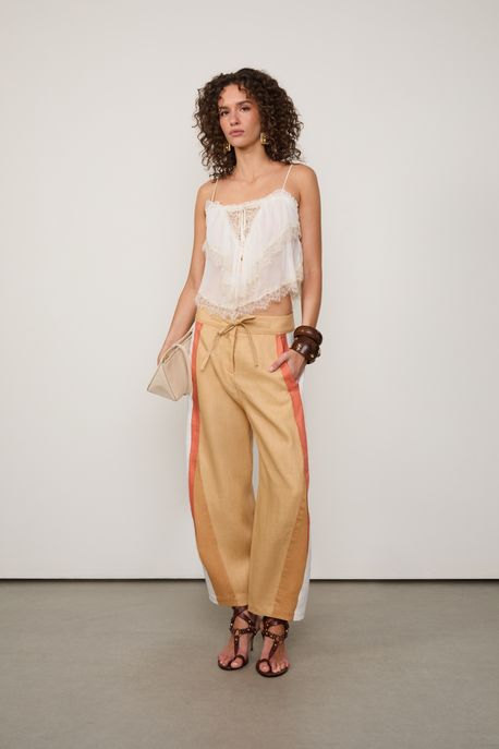 Calça De Linho Com Recortes Marrom Taupe/Branco/Clay/Doe - 36