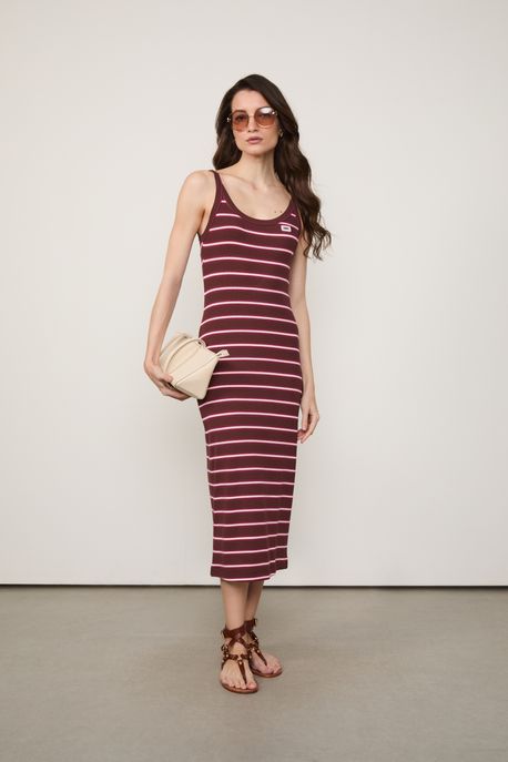 Vestido Rib Listrada Vinho Vinho C/ Marrom e Off - PP