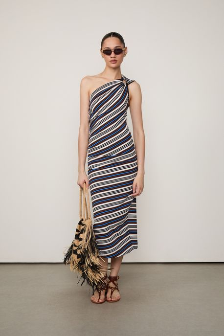 Vestido Fio Tinto Ombro So Marrom Peb Azul - M