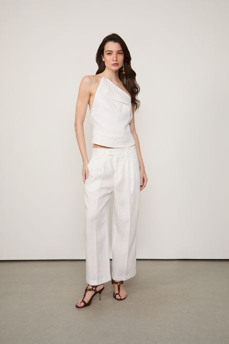Calça De Linho Reta Detalhe Mini Bolso Branca Branco - 42