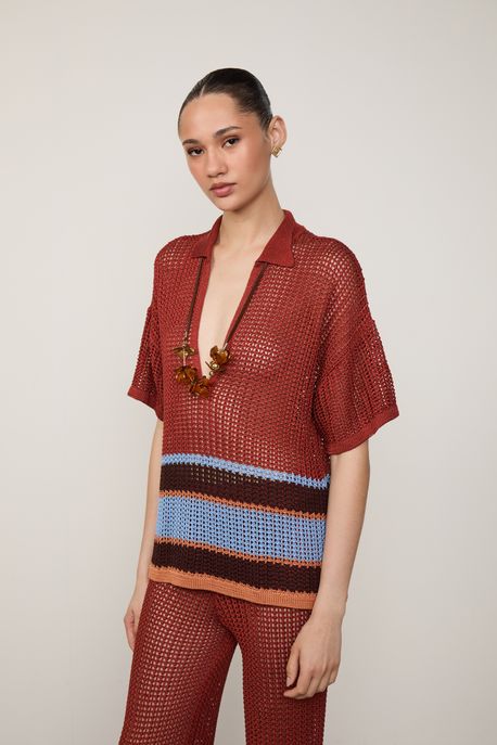 Camisa De Tricot Barra Listrada Rosa Pop/Vinho Windsor/Laranja Burle/Azu - M