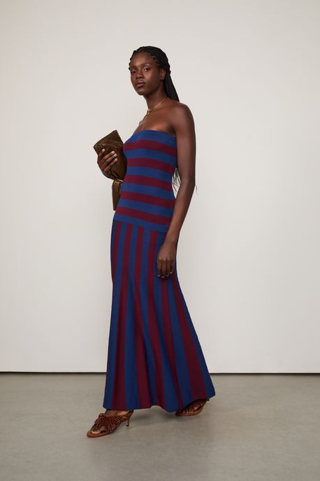Vestido De Tricot Longo Listrado Sem Alça Vinho Windsor/ Marrom Dries - P