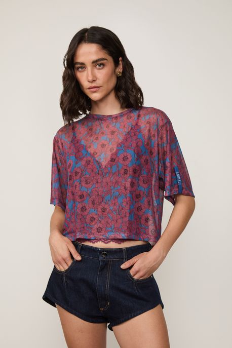 Blusa Tule Manga Curta Floral Est Floral Universo Color - M