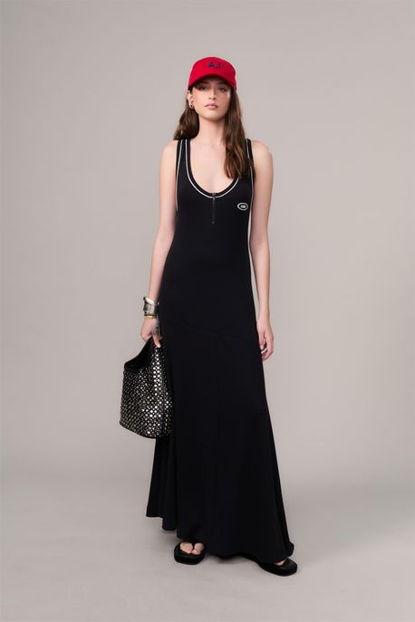 Vestido De Malha Ribana Zíper Preto - P