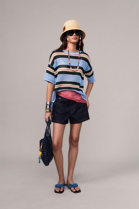 Short Jeans Cintura Alta Pesponto Contraste Jeans Escuro - 40
