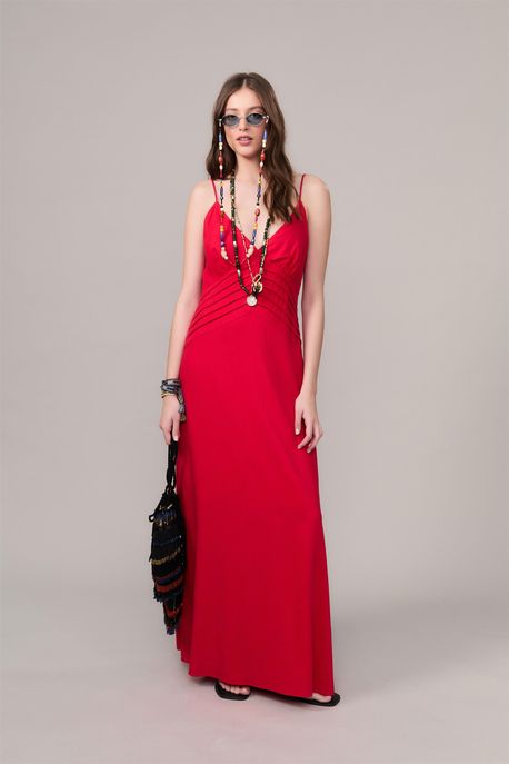 Vestido Midi Recortes Pregas Vermelho Magma - P