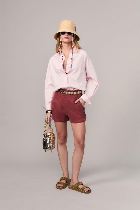 Short De Cupro Detalhe Lateral Marrom Taipas - 38