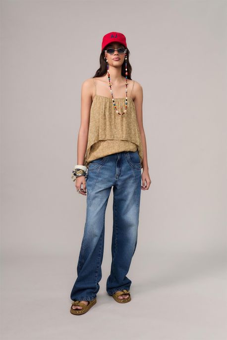 Calça Jeans Reta Costura Rebatida Jeans Escuro - 44