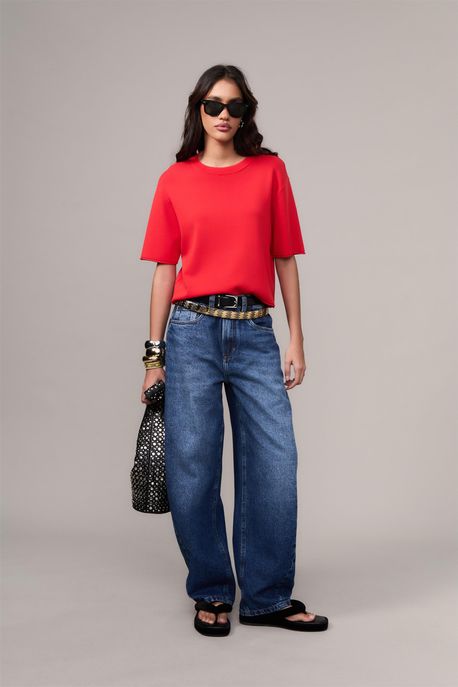 Calça Jeans Baggy Com Transpasse Folha Jeans Escuro - 40