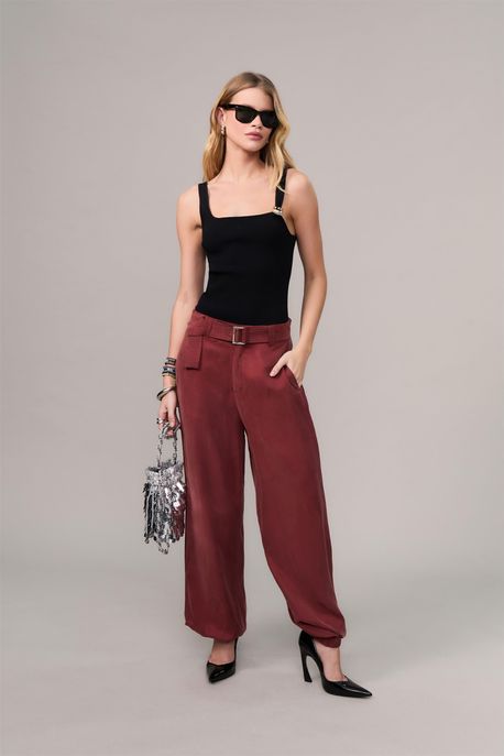 Calça De Cupro Elastico No Punho Marrom Taipas - 38