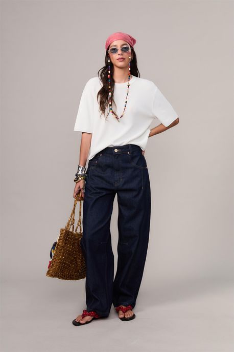 Calça Jeans Barrel Pesponto Contraste Jeans Escuro - 46