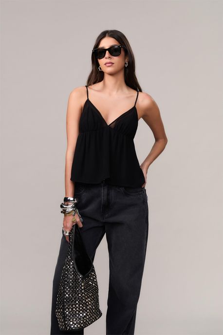 Blusa De Ggt Recorte Transparência Preto - 38