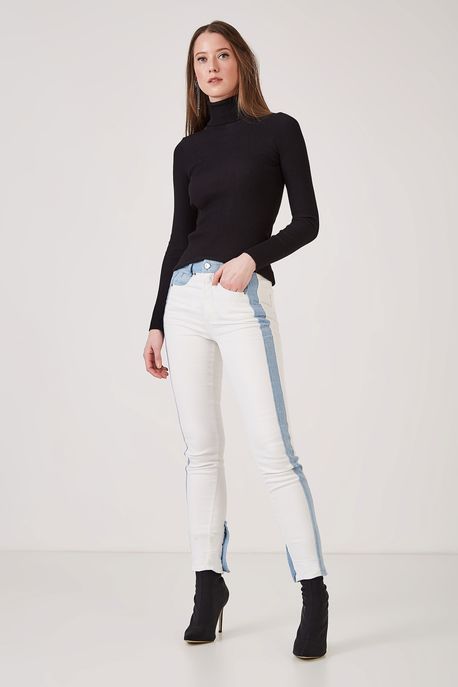 Calça Recortes Bainha Virada White Azul Denim/Branco - 38