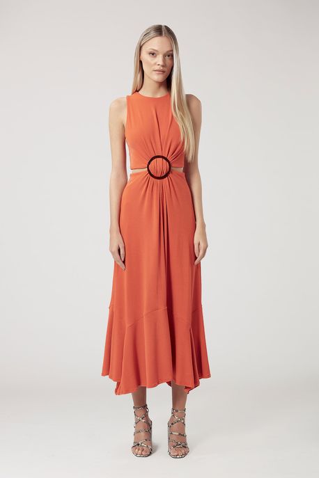 Vestido De Malha Laranja Com Argola Tartaruga e Decote Na Cintura Vestido De Malha Laranja Com Argola Tartaruga e Decote Na Cintura