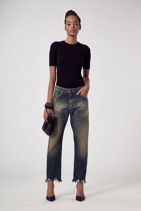 Calca Boyfriend Lateral Pedras Jeans - 38