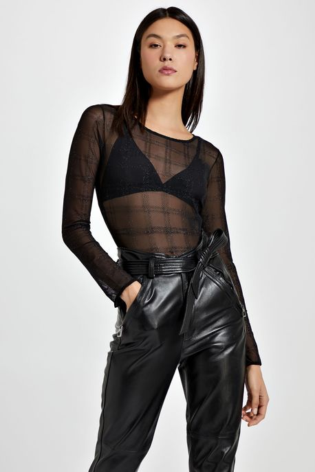 Body Manga Longa De Tule e Glitter Preto - P